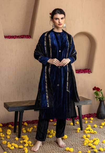 NAVY LUXURY VELVET DUPATTA SET